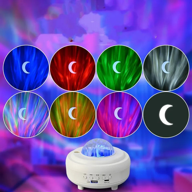 White Galaxy Star Projector night light with Bluetooth speaker on a table