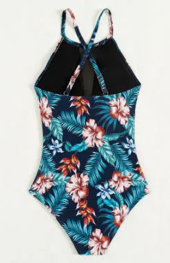 Women's deep V-neck one-piece swimsuit in a solid colour, showing European and American style design.