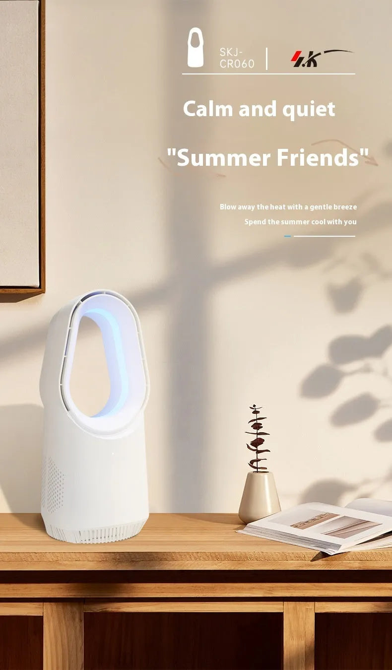 White bladeless tower fan with remote control on floor