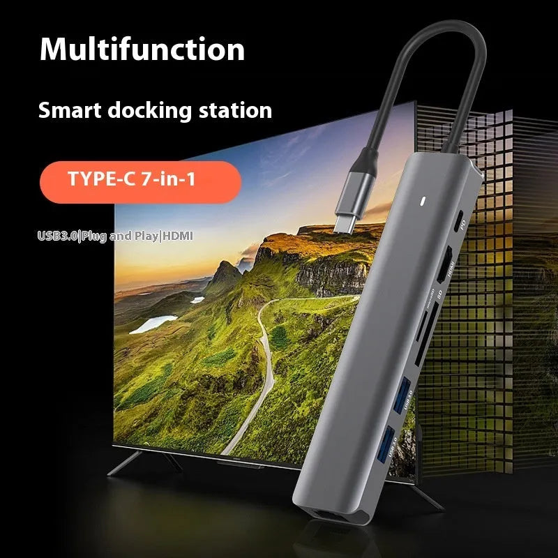 LQT-LH07 7-in-1 USB-C multi-function card reader hub for laptop and desktop.