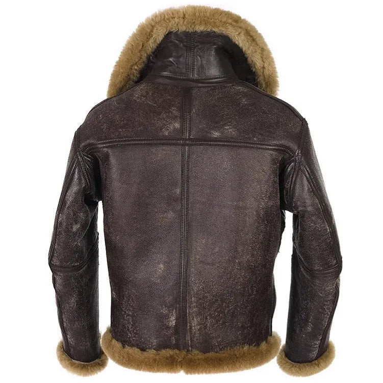 Men's brown synthetic leather retro fur coat with straight hem and side pockets