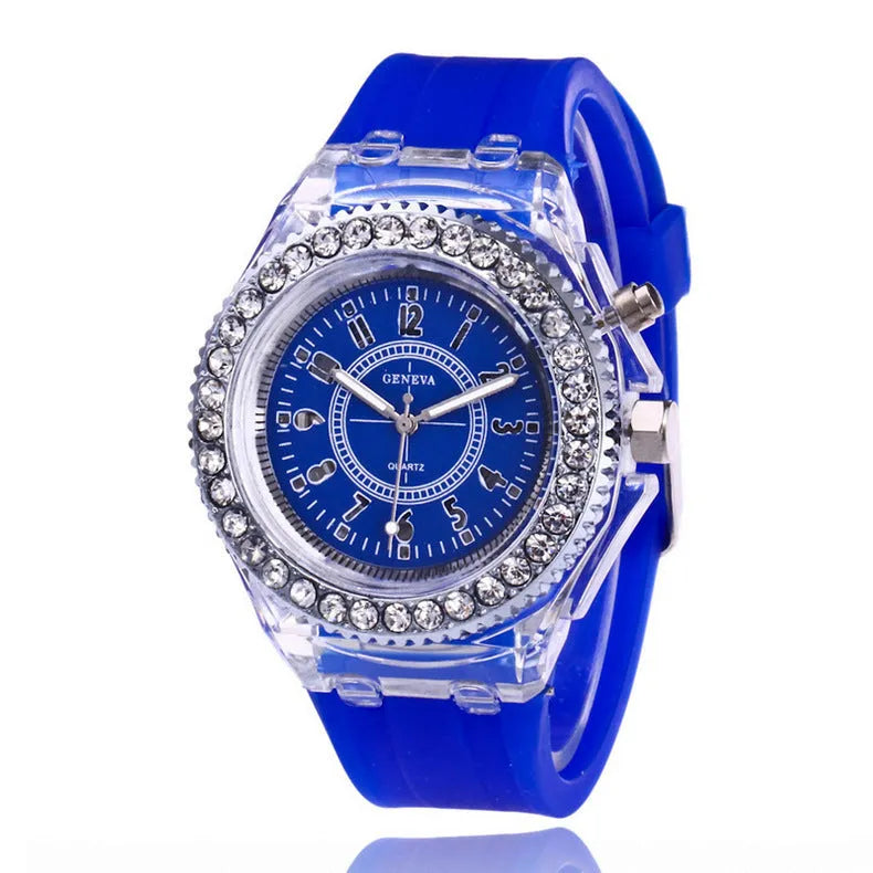 Geneva women's luminous LED quartz watch with 43mm round dial and silicone strap