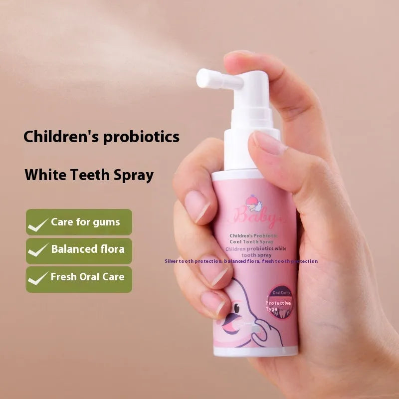 Children's probiotic teeth whitening spray bottle in strawberry and orange flavours