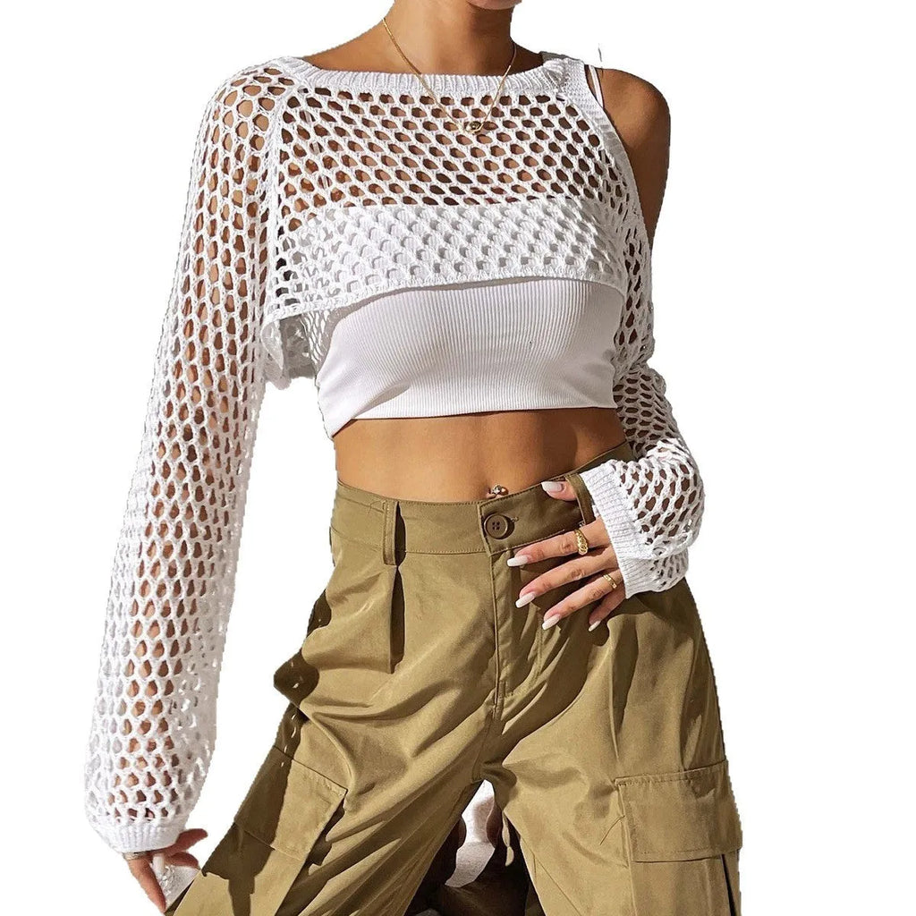 Imitation cotton mesh shirt with hollowed navel design in army green colour.