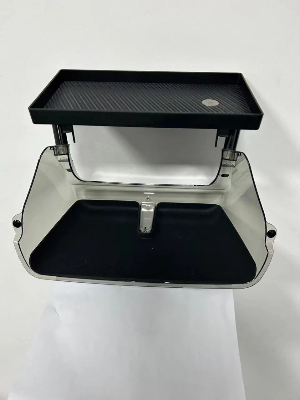 Black ABS storage box for under the Tesla Model 3 Y touchscreen, showing ETC card slot and napkin box compartment.