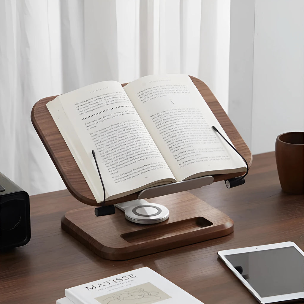 Walnut colour wooden adjustable reading rack with rotating book holder function