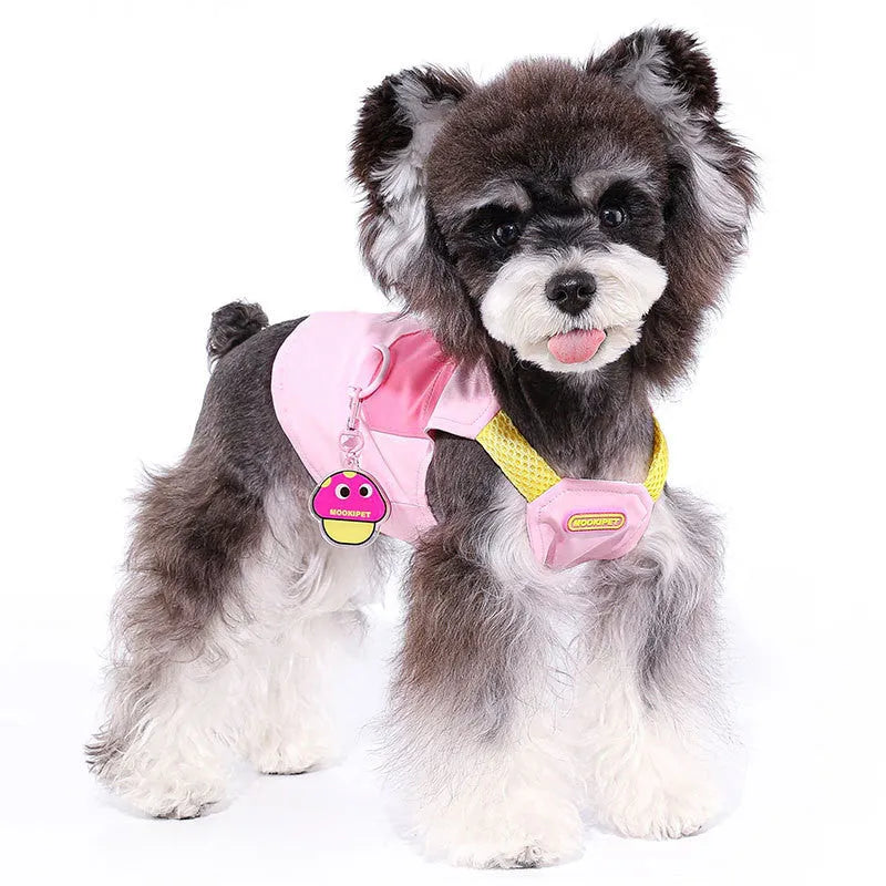 Pink polyester pet vest for small dog breeds like Bichon Frise on a mannequin