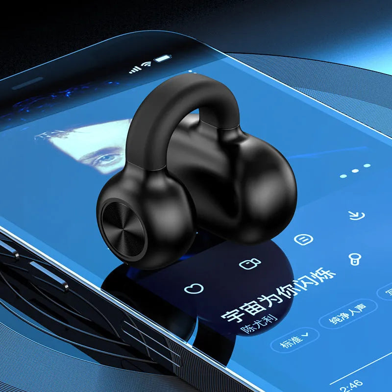 Black clip-on wireless bone conduction Bluetooth headset for sports, shown with charging cable.