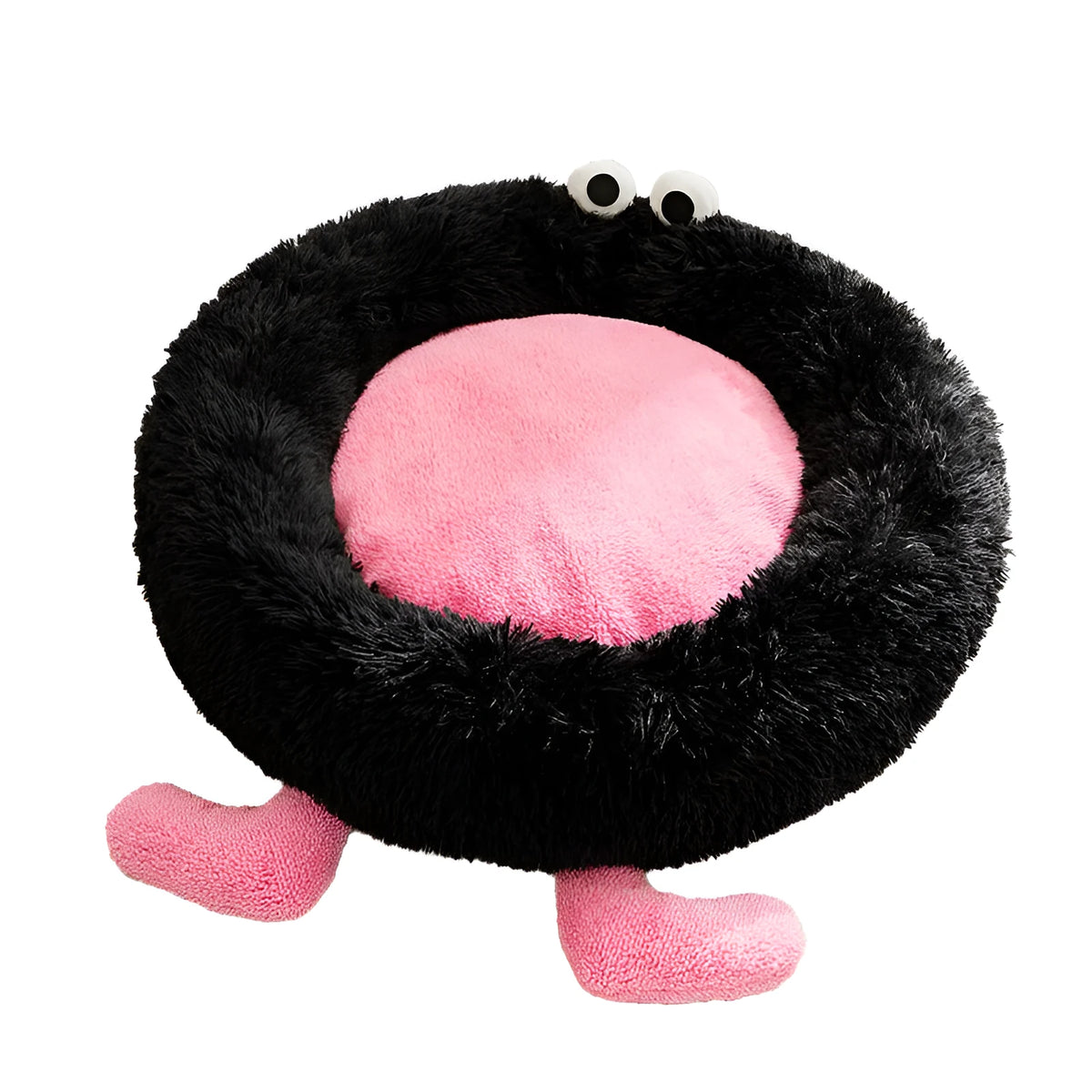 Elf Briquettes blue plush kennel-style dog bed with raised edges, shown in a home setting.
