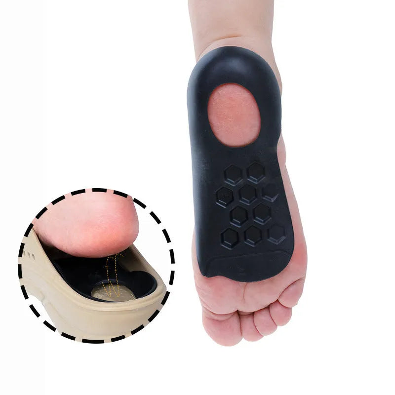 White arch support varus correction insole made from TPR material, shown next to a black and a skin colour version.