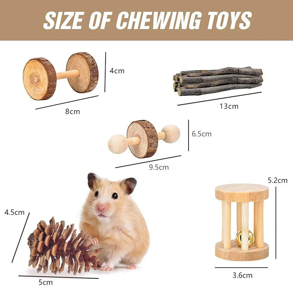 Assortment of wooden chew blocks and natural fibre toys for rabbits, guinea pigs, and parrots
