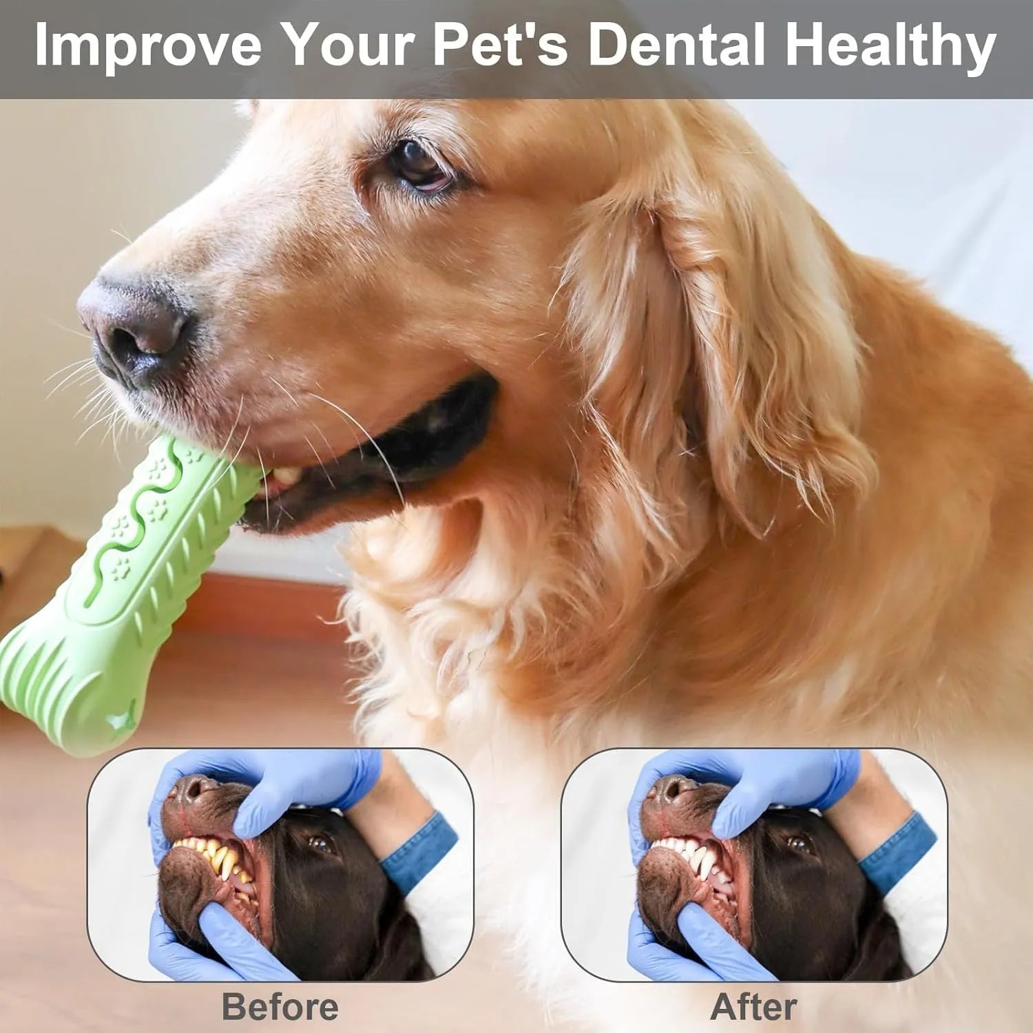 Blue natural rubber bone-shaped dog chew toy on a white background