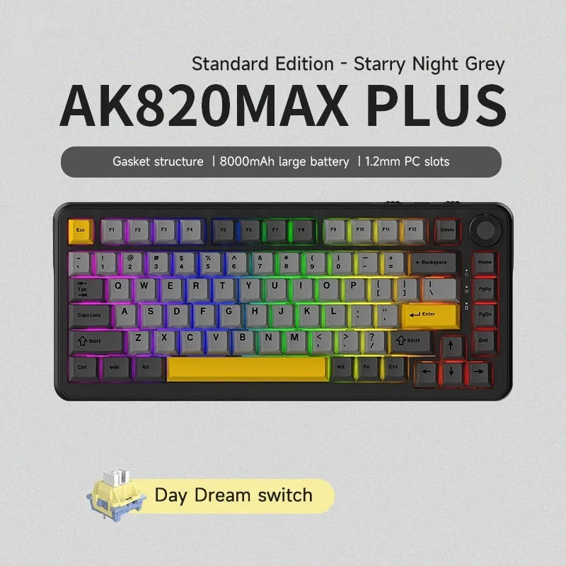75% layout mechanical keyboard with black, grey and yellow colour scheme showing included accessories