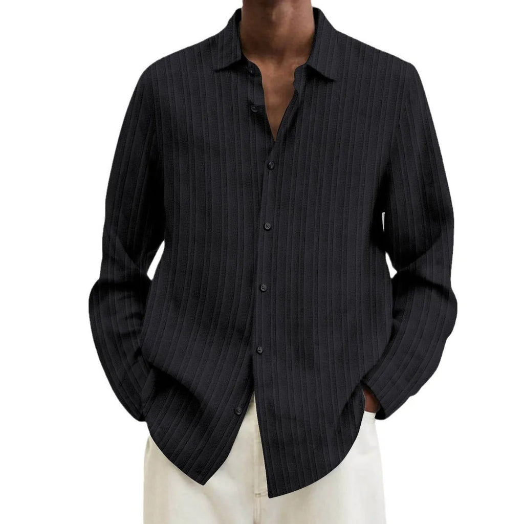Men's striped cardigan long sleeve shirt with 3D pattern design in chemical fibre blend fabric