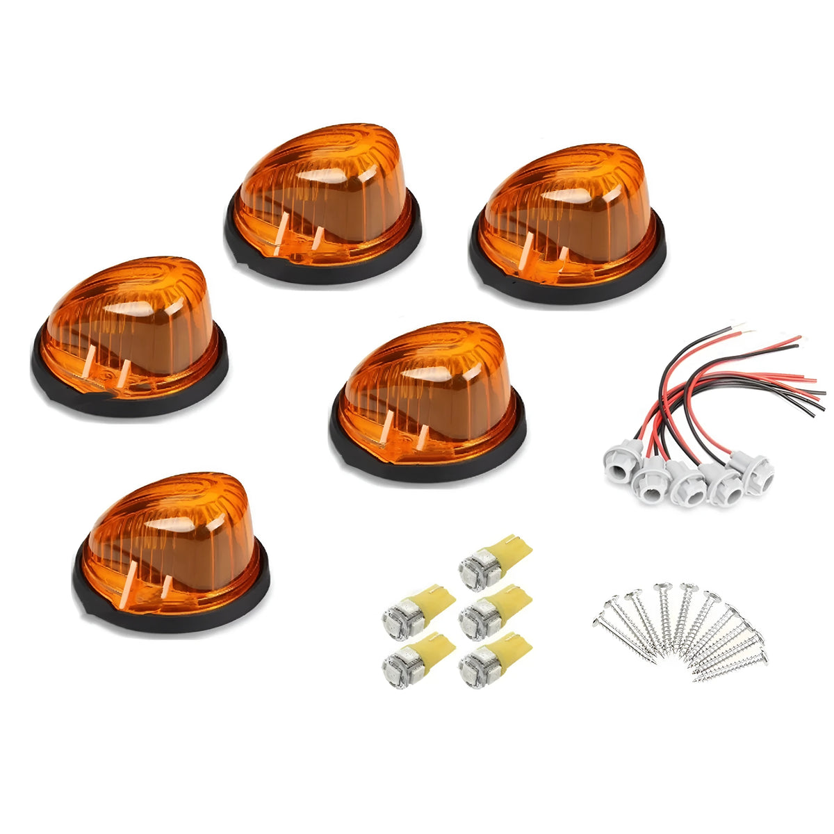 Yellow LED roof cab light kit for commercial vehicles with five complete units and mounting hardware