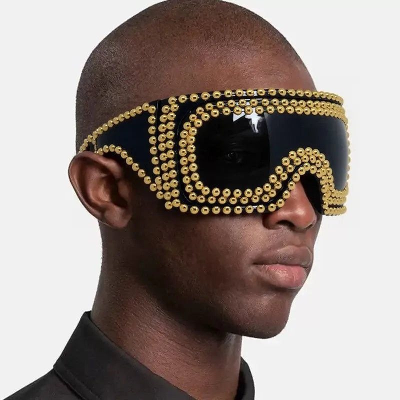 Men's large rim square rivet sunglasses in gold or silver colour with PC construction