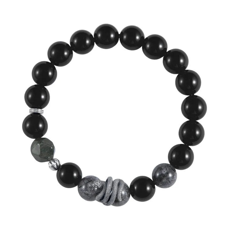 Men's black obsidian snake bracelet in S925 sterling silver with crystal hair detailing