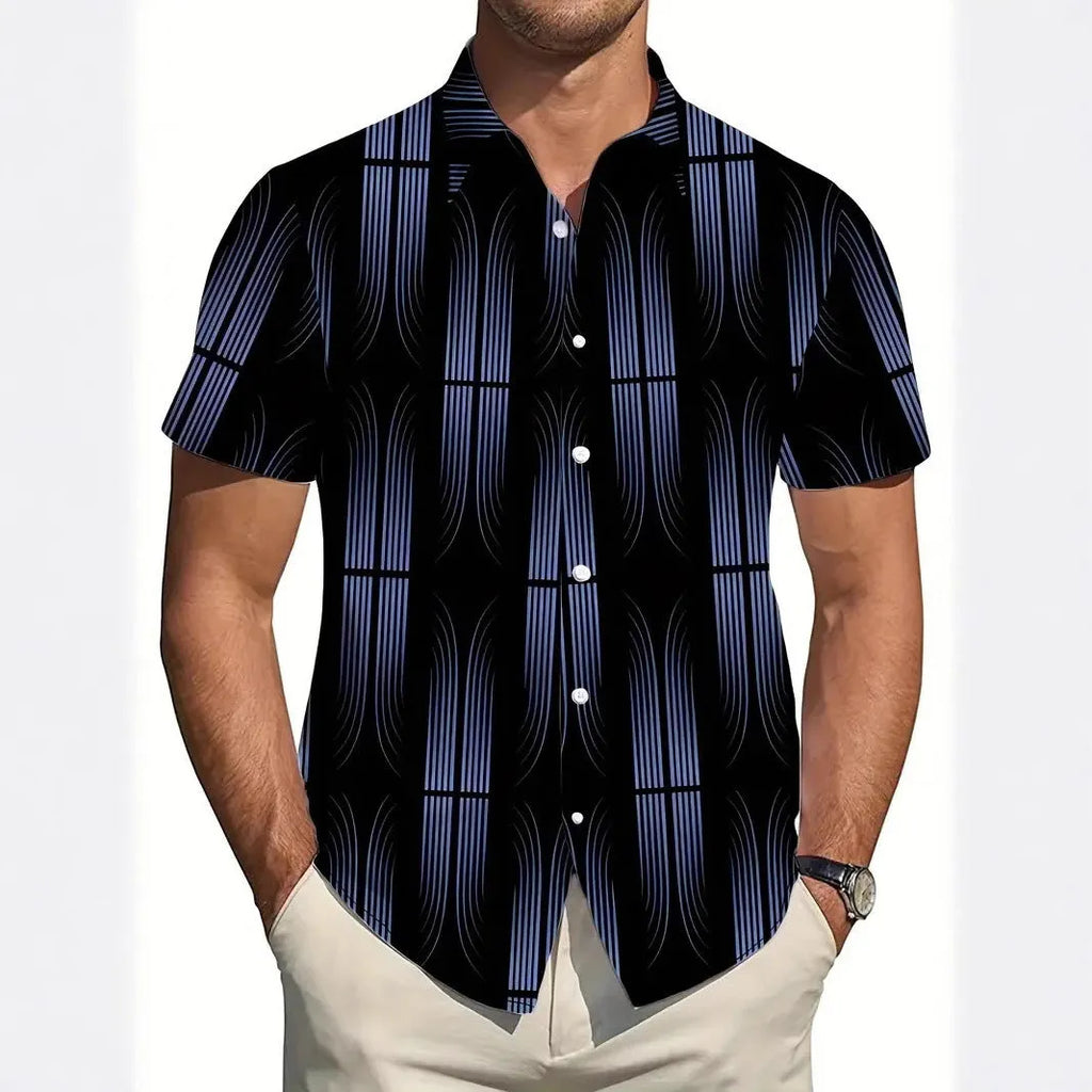 Men's slim fit short sleeve shirt featuring a geometric line print on the lapel.