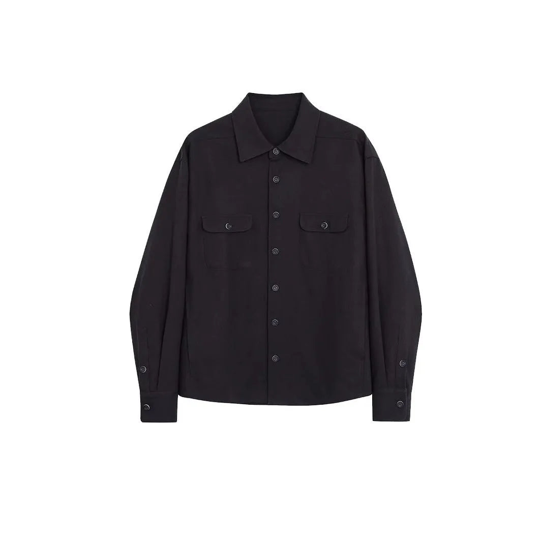 Men's light sand rice long sleeve collared shirt with collage stitch detailing on front.