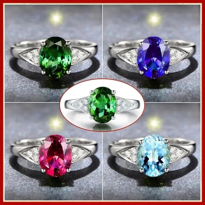 Women's court style ring with inlaid red and blue natural zircon stones in heart, water drop, and bell patterns.