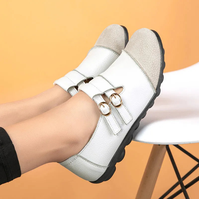 Button plus size casual low-top velcro shoes in black with round toe and cow split leather upper