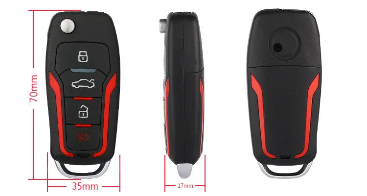 Red and frosted black one-way remote control car alarm with two remotes for vehicle security.
