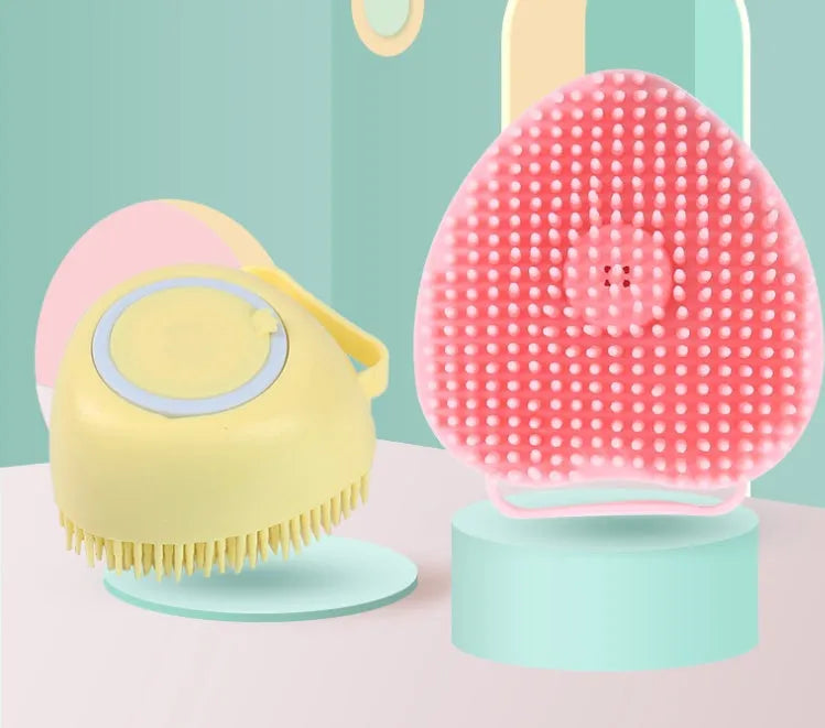Silicone dog bath massage brush in blue, pink, and yellow colour options