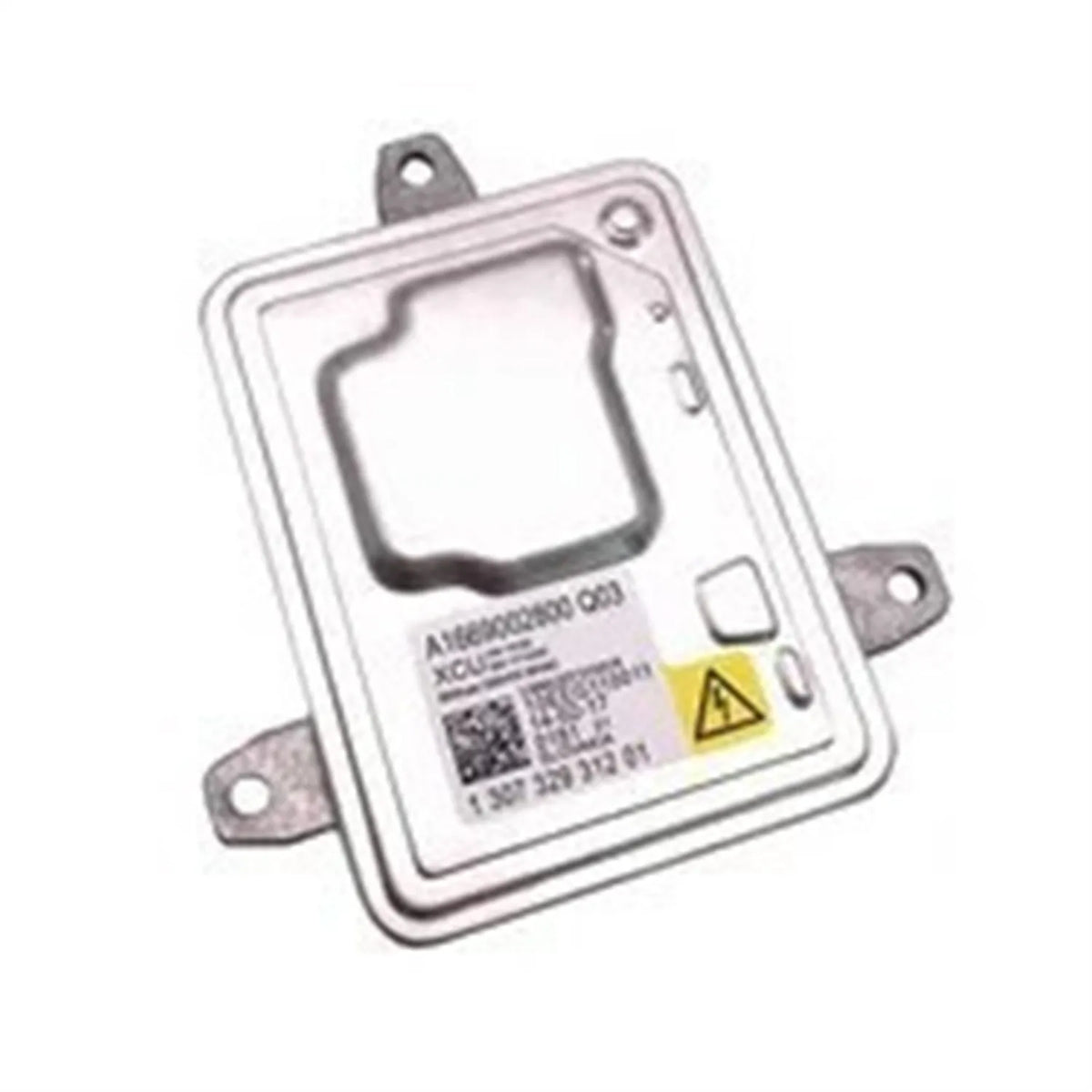 Silver metal HID headlight ballast unit showing dimensions 14cm by 11cm by 4.5cm.