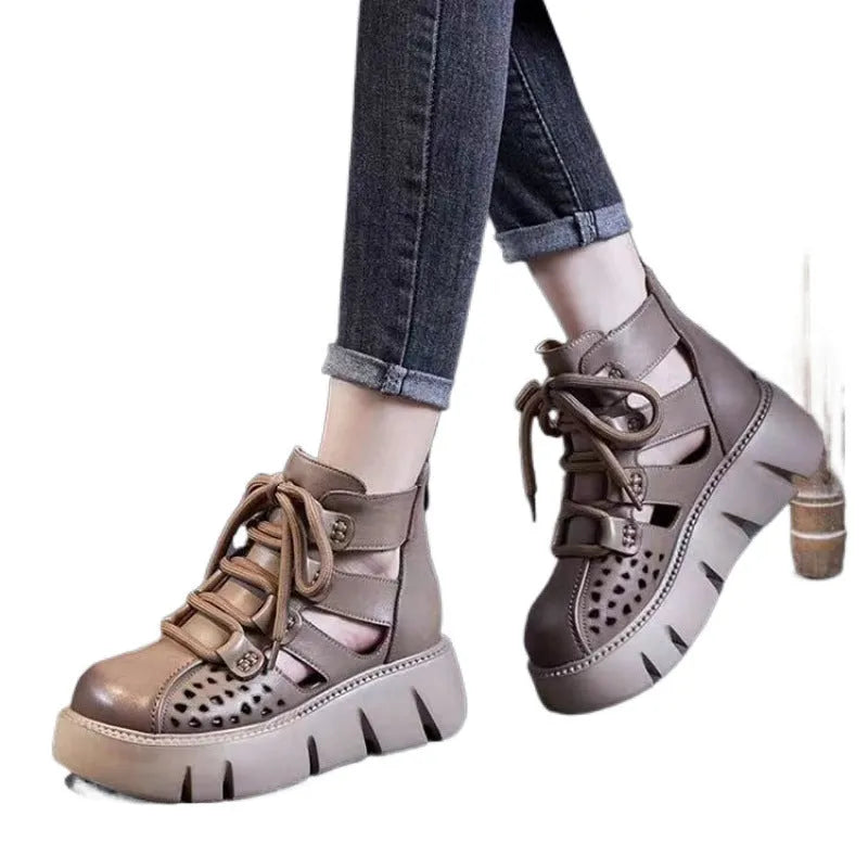Women's platform sandals with hollow hole design in soft cowhide leather, fish mouth toe shape