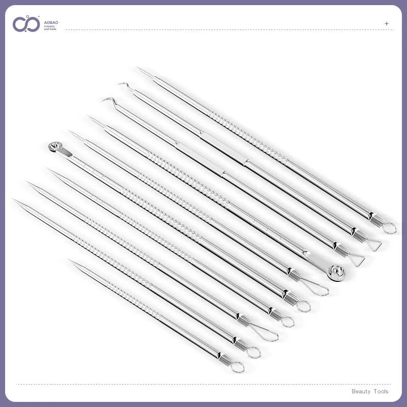 Four metal acne needles with ultra fine points stored in a black plastic clip.