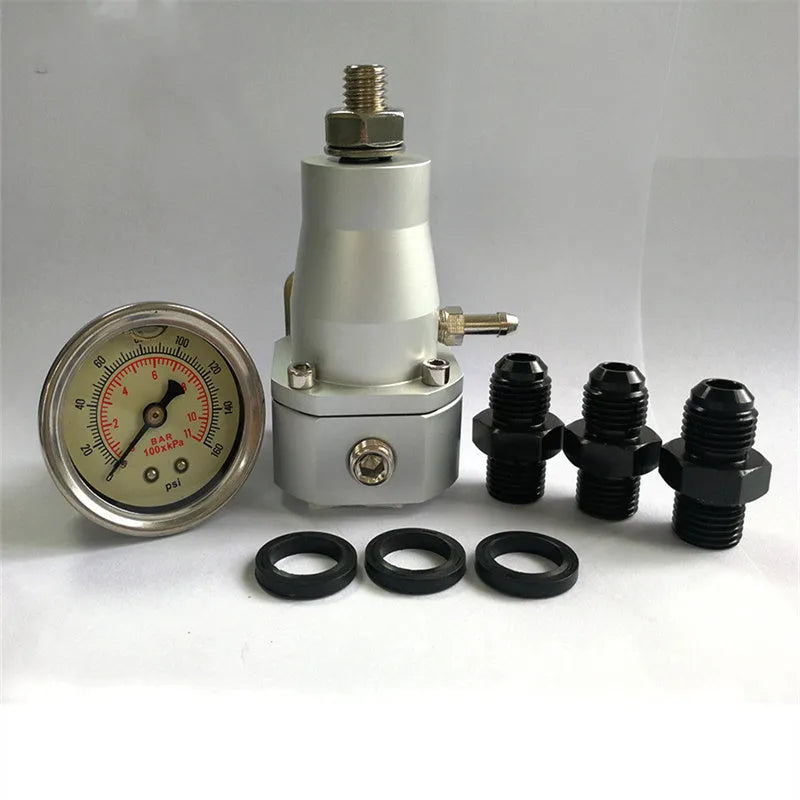 Black CNC aluminium fuel pressure regulator with adjustable 30-70 psi range and mounting strap