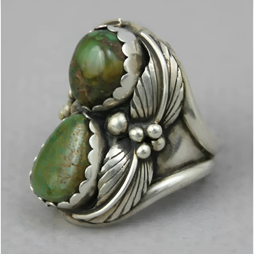 Turquoise geometric retro ring with inlaid design on alloy band
