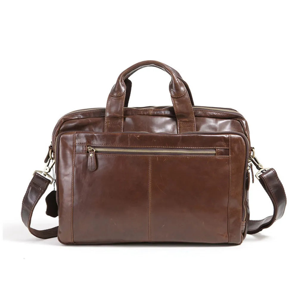 Brown men's business briefcase with 18-inch laptop compartment in first layer cowhide leather