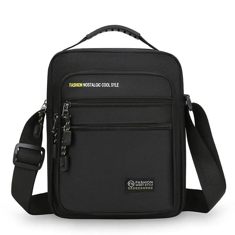 Men's nylon crossbody bag in green, shown with multiple pockets and adjustable shoulder strap.