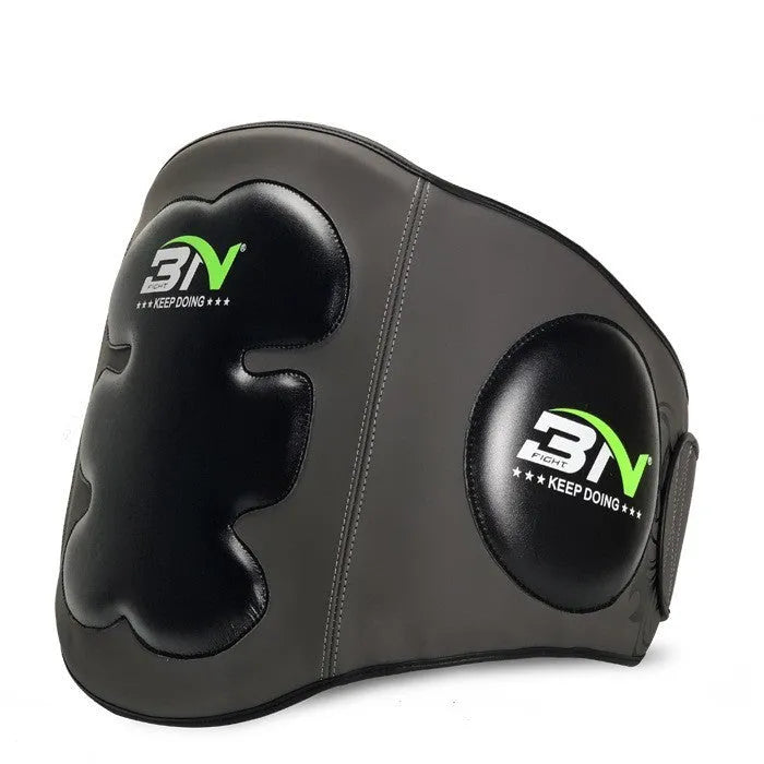 Sanda boxing chest protector target in dark grey colour showing waist protection design for martial arts training