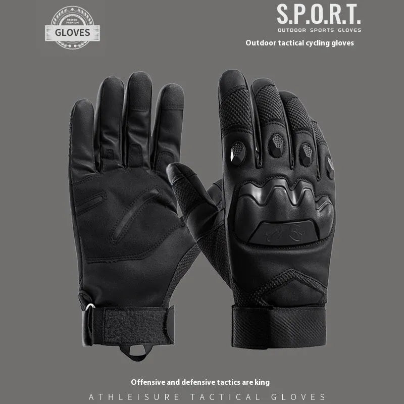 Men's black tactical full finger gloves with touch screen compatible fingertips on hand