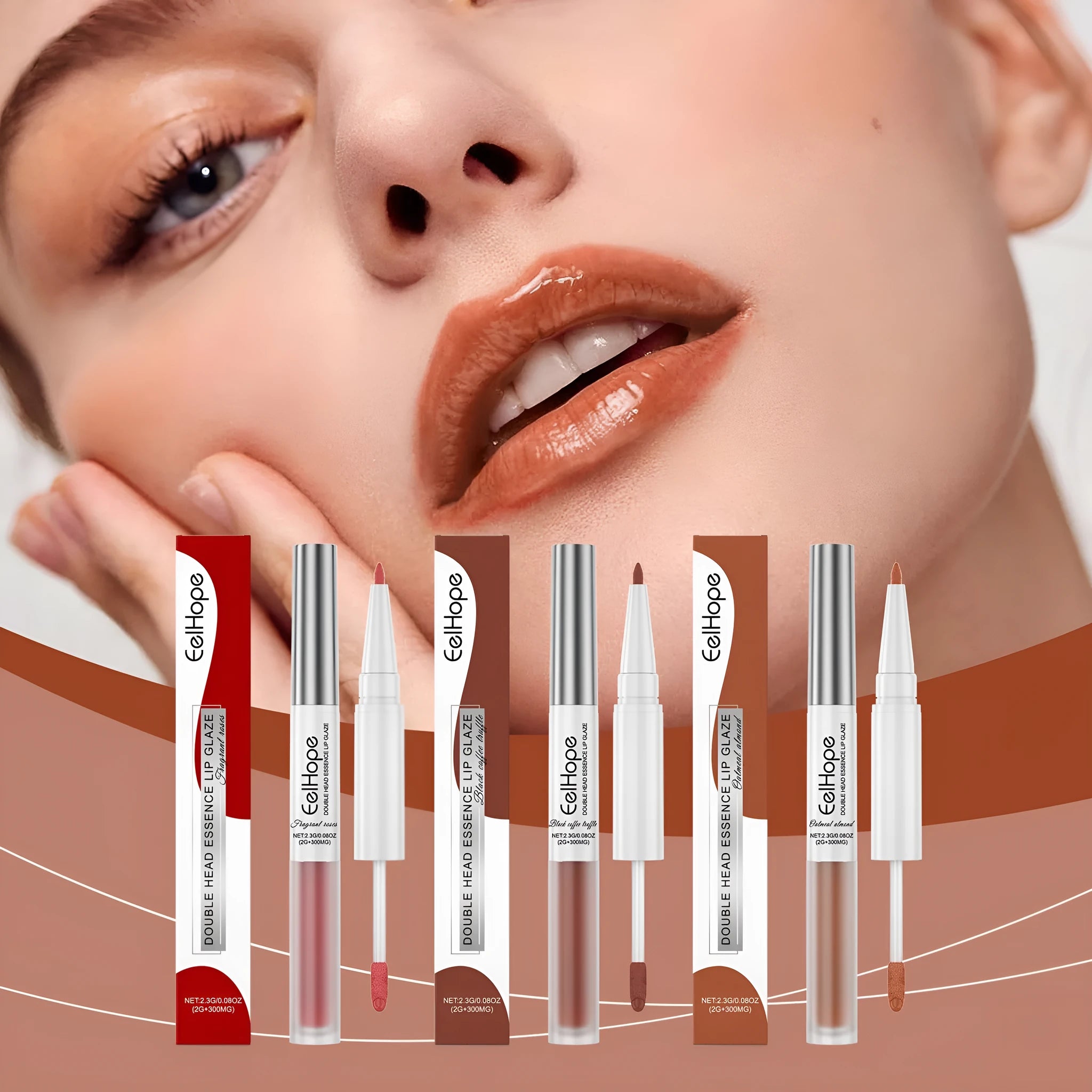 Double-headed lip liner and lip lacquer makeup pencil showing two colour tips