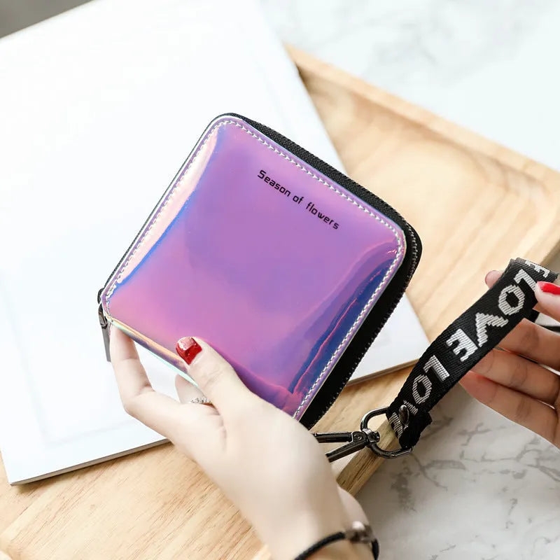 Short Korean-style folding wallet in PU leather showing three colour options