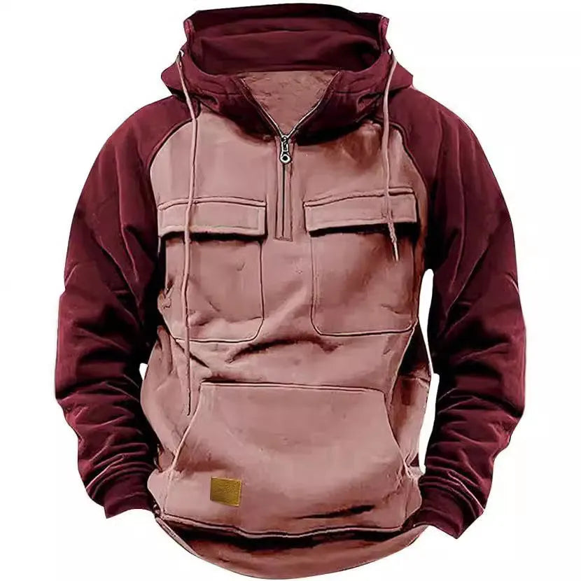 Men's retro cargo hoodie half zip fleece sweatshirt with multi pockets in solid colour