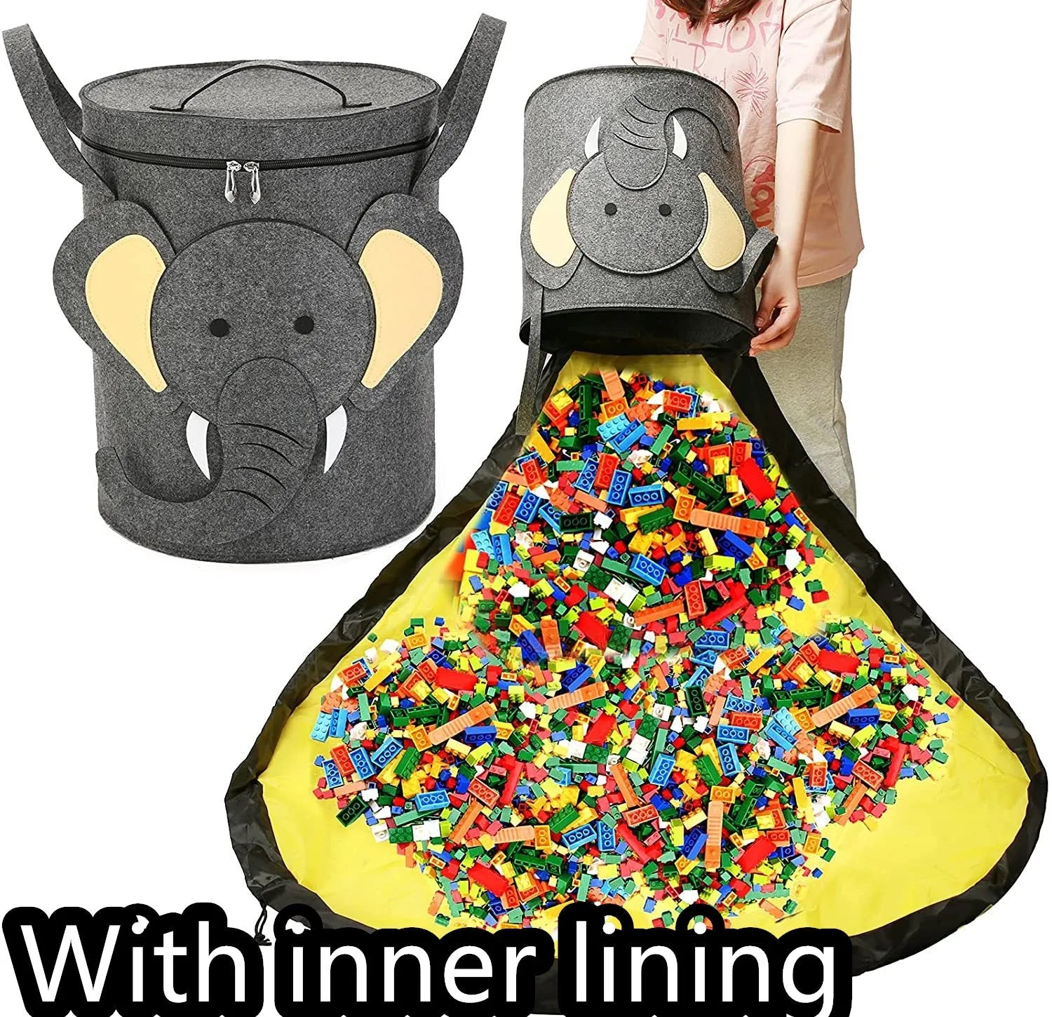 Green felt cube storage bag with pull rope, laid flat as a play mat
