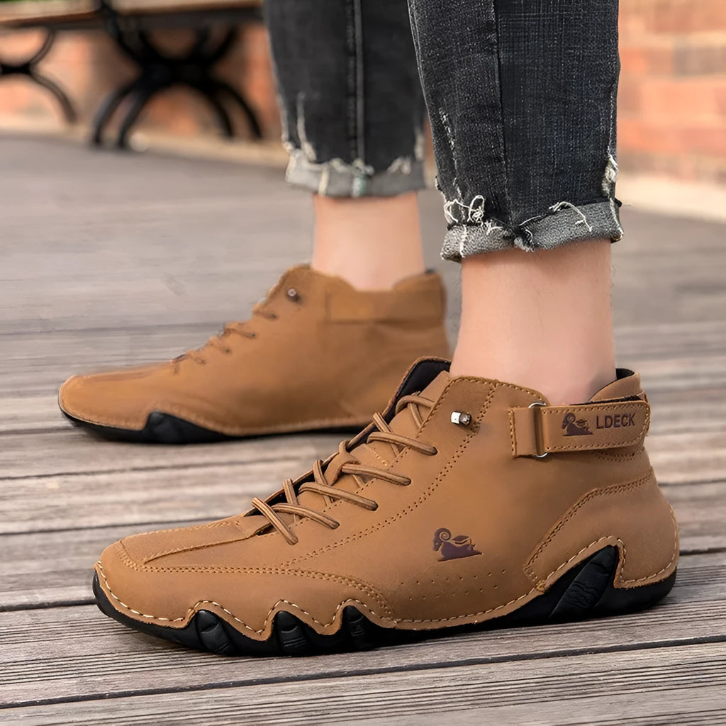 Men's khaki high-top boots with octopus-inspired frosted design and a non-slip rubber sole.