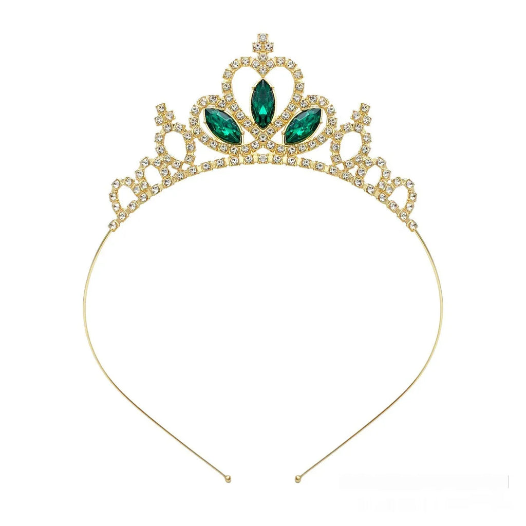 Gold-tone alloy princess crown with colourful simulated diamonds for birthday party dress-up