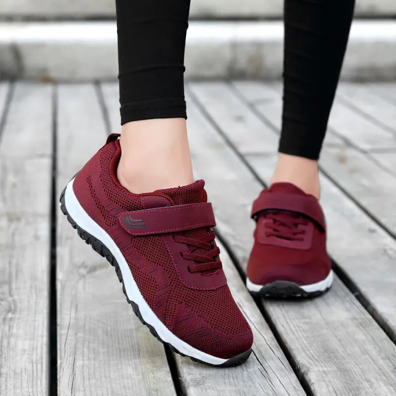 Women's low top wedge heel shoes with mesh upper and Velcro fastening in four colour options