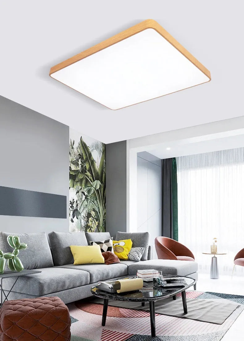 Square Nordic wood grain LED wall light in modern design with three colour temperature options
