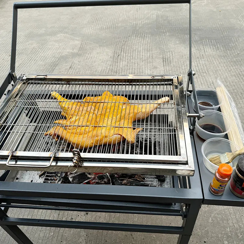 Large L-size Flip BBQ Stove charcoal grill shown folded and detached for storage.