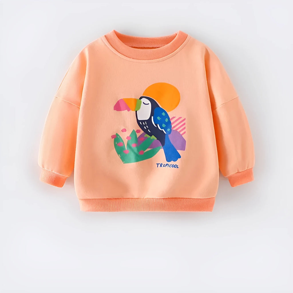 Girls' cotton sweater with animal and cartoon print, pullover, no hood, sizes 90cm to 140cm