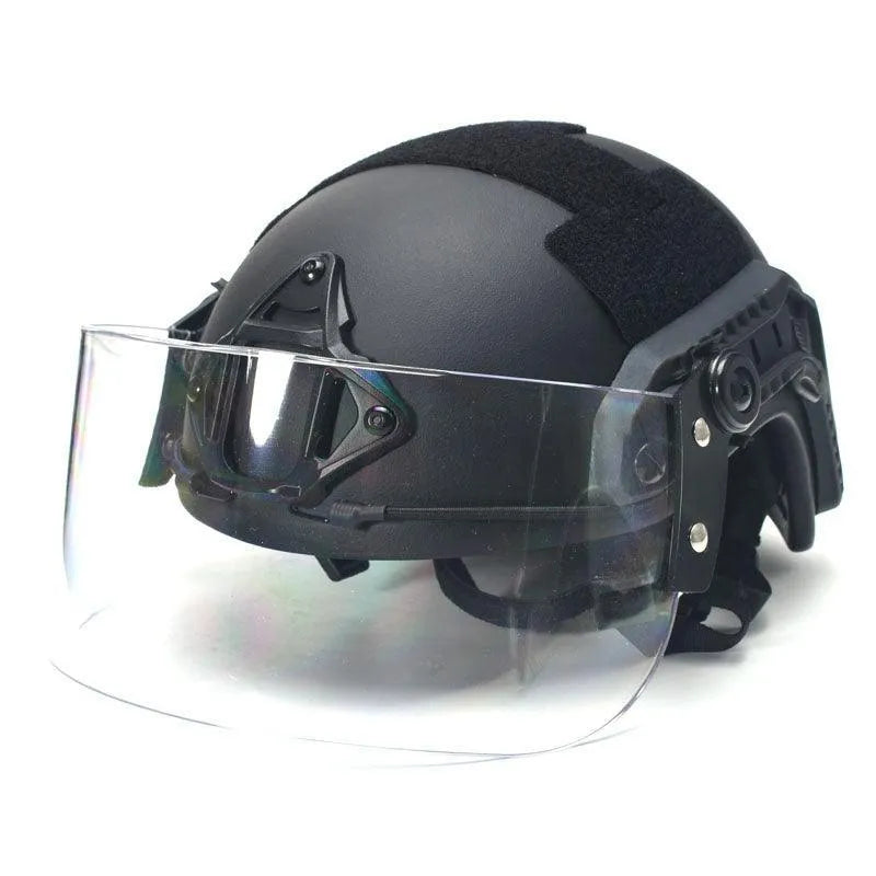 Transparent polycarbonate helmet face shield with semi-rimless frame, shown from front.