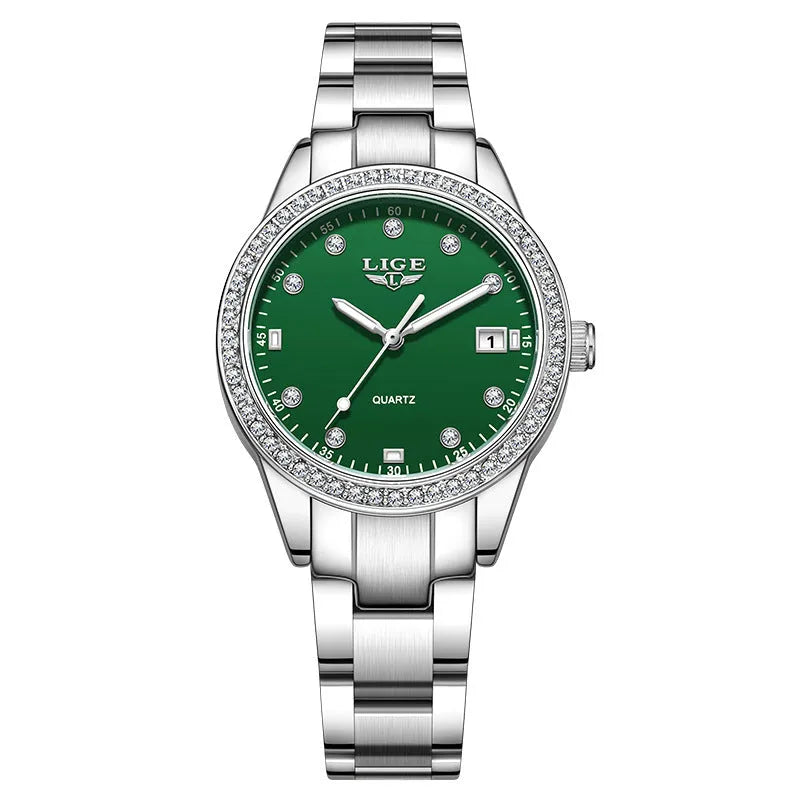 Women's silver quartz watch with diamond-encrusted bezel and luminous dial on stainless steel strap