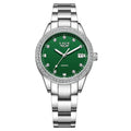 Women's silver quartz watch with diamond-encrusted bezel and luminous dial on stainless steel strap