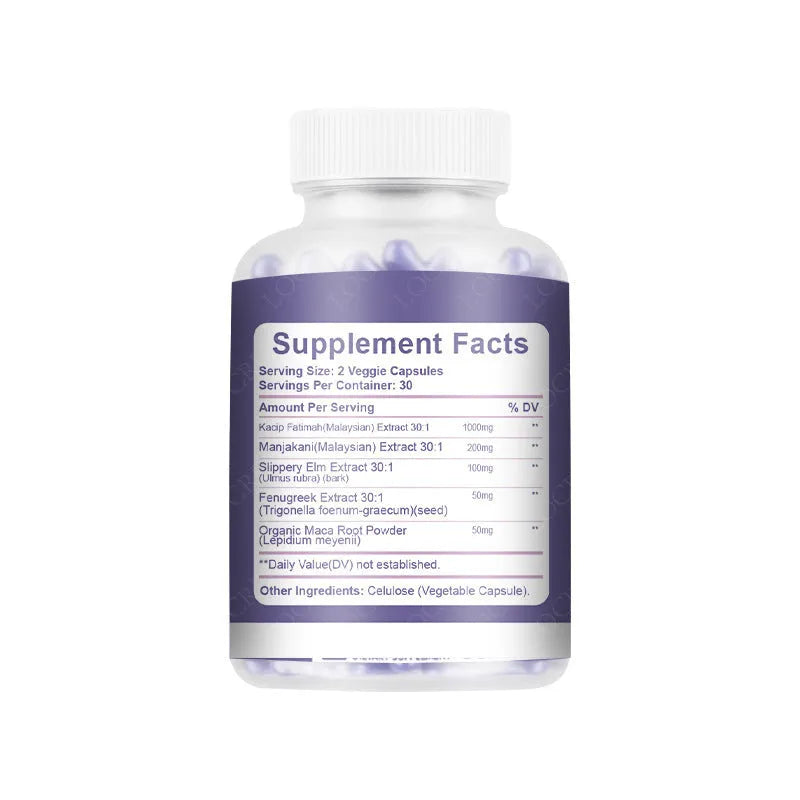 60-capsule vaginal health supplement bottle with plant-extracted gel capsules for adult women